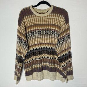 Vintage Multicolour Ramie Cotton Sweater Multi Pattern Striped Crew Neck Sweater